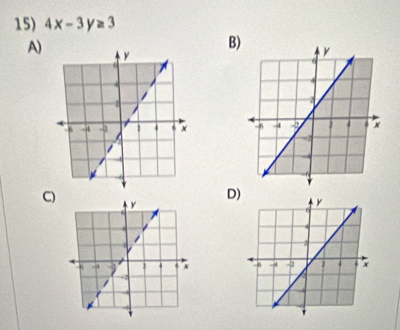 4x-3y≥ 3
A) 
B) 
C) 
D)