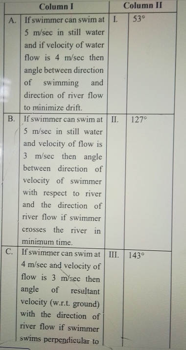 Column I Column II
A.
B. 
C. 
swims perpendicular to