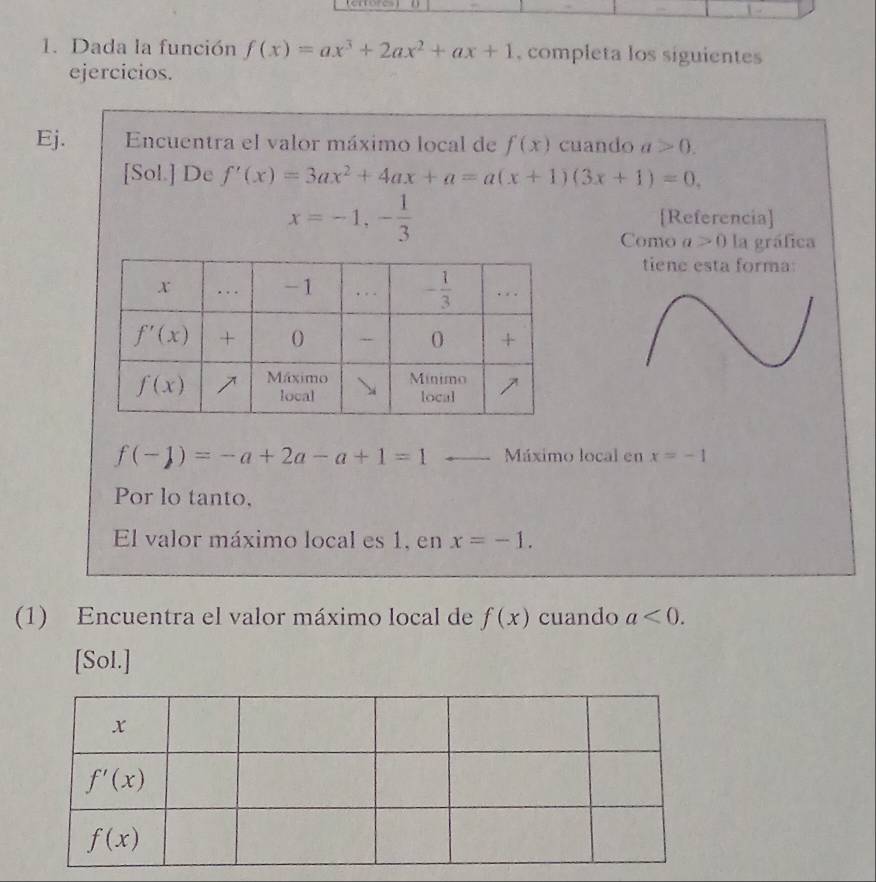 Dada la función f(x)=ax^3+2ax^2+ax+1 , completa los siguientes
ejercicios.
Ej. Encuentra el valor máximo local de f(x) cuando a>0.
[Sol.] De f'(x)=3ax^2+4ax+a=a(x+1)(3x+1)=0,
x=-1,- 1/3 
[Referencia]
Como a>0 la gráfica
tiene esta forma:
f(-1)=-a+2a-a+1=1 Máximo local en x=-1
Por lo tanto,
El valor máximo local es 1, en x=-1.
(1) Encuentra el valor máximo local de f(x) cuando a<0.
[Sol.]