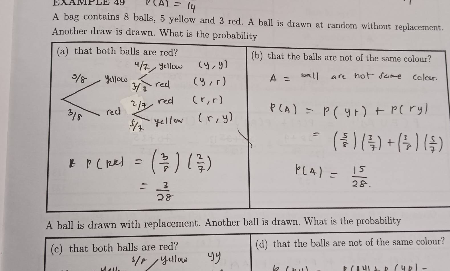 EXAMPLE 49 
A bag contains 8 balls, 5 yellow and 3 red. A ball is drawn at random without replacement. 
Another draw is drawn. What is the probab 
A ball is drawn with replacement. Another ball is drawn. What is the probability 
(c) that both balls are red? (d) that the balls are not of the same colour?