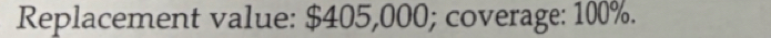 Replacement value: $405,000; coverage: 100%.