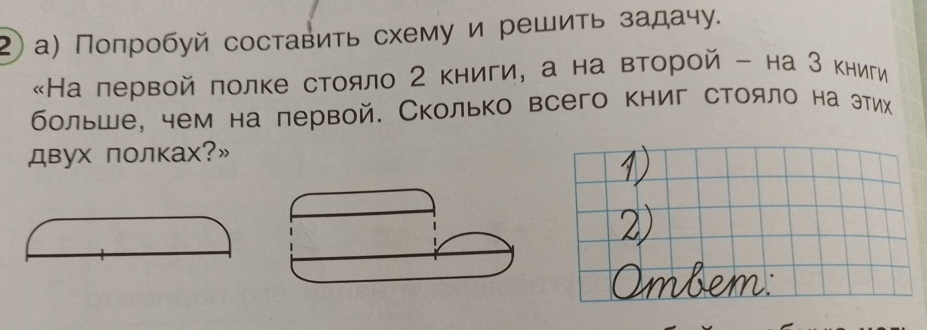 а) Попробуй составить схему и решить задачу. 
«На первой полке стояло 2 книги, а на вτорой - на 3 книги 
больше, чем на лервой. Сколько всего книг стояло на этих 
двух полках?»