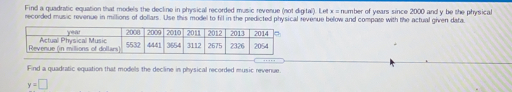 Find a quadratic equation that models the decline in physical recorded music revenue (not digital). Let x= number of years since 2000 and y be the physical
recorded music revenue in millions of dollars. Use this model to fill in the predicted physical revenue below and compare with the actual given data.
Find a quadratic equation that models the decline in physical recorded music revenue.
y=