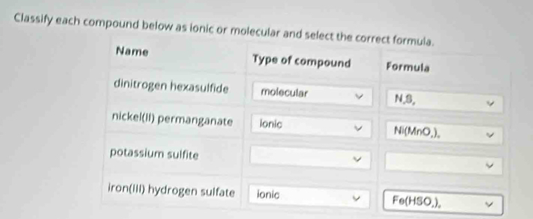 Classify each compound below as ionic or molecular a