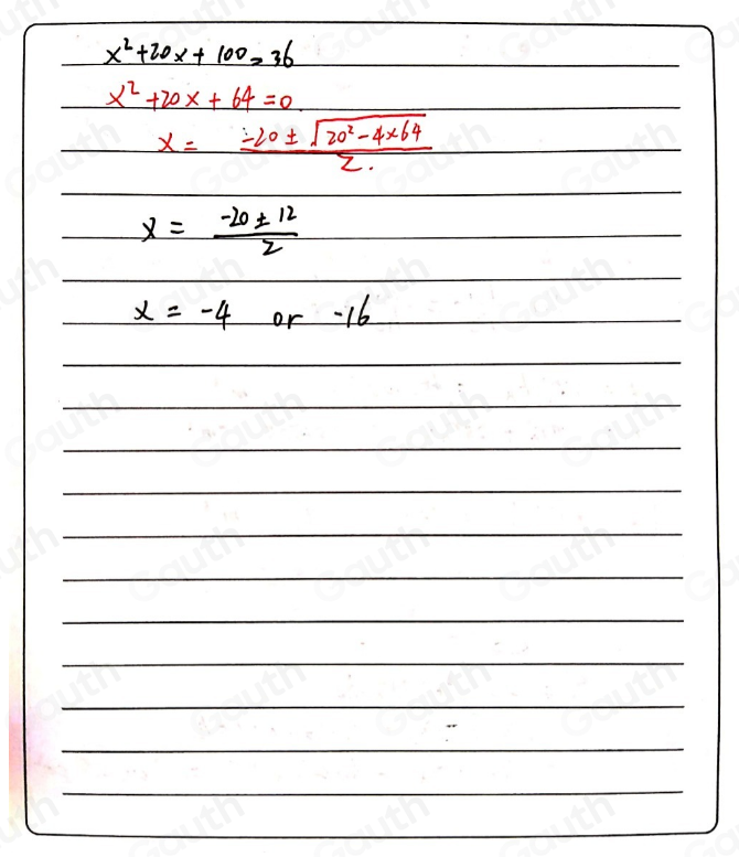 solved-solve-for-in-the-equation-x-2-20x-100-36-x-16-or-x-4-x-10