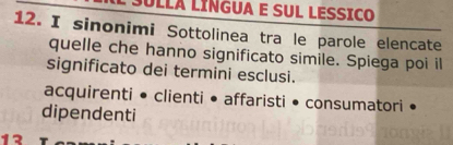 JÚLLA LINGUA E SUL LESSICO
12. I sinonimi Sottolinea tra le parole elencate
quelle che hanno significato simile. Spiega poi il
significato dei termini esclusi.
acquirenti • clienti • affaristi • consumatori
dipendenti
12