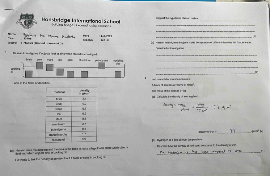 Suggest the hypothesis Hassan makes.
Honsbridge International School
Building Bridges, Exceeding Expectations_
_
Name     : Zoe Manaho Dimalaríta Date : Feb 2025_
. [1]
Class :J24AB Teacher ： MR HII
Subject : Physics (Graded Homework 2) (b) Hassan investigates if objects made from plastics of different densities will float in water.
Describe his investigation.
Hassan investigates if objects float or sink when placed in cooking oll._
brick cork wood ice steel aluminium polystyrene modelling_
clay
cooking
_
oil _, [2]
2 Iron is a solid at room temperature.
Look at the table of densities. A block of iron has a volume of 40cm^3.
The mass of the block is 316g.
(a) Calculate the density of iron in g/cm?.
density of iron =_ g/cm^3[2]
(b) Hydrogen is a gas at room temperature.
(a) Hassan uses the diagram and the data in the table to make a hypothesis about which objects Describe how the density of hydrogen compares to the density of iron.
float and which objects sink in cooking oil.
He wants to link the density of an object to if it floats or sinks in cooking oil. _[1]