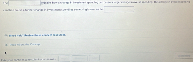 The □ explains how a change in investment spending can cause a larger change in overall spending. This change in overall spending
can then cause a further change in investment spending, something known as the □ 
Need help? Review these concept resources.
Read About the Concept
Rate your confidence to submit your answer. □ □ |||1200 ||1200|endarray UI Reecting