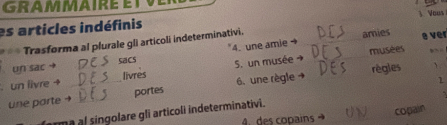 rammairé e t v e r 
es articles indéfinis 3. Vous
4. une amie _amies e ver
Trasforma al plurale gli articoli indeterminativi.
un sac sacs __musées
_
règles Y
un livre + __livres S. un musée
une parte _portes 6. une règle
1
a
copain
rma al singolare gli articoli indeterminativi.
4. des copains