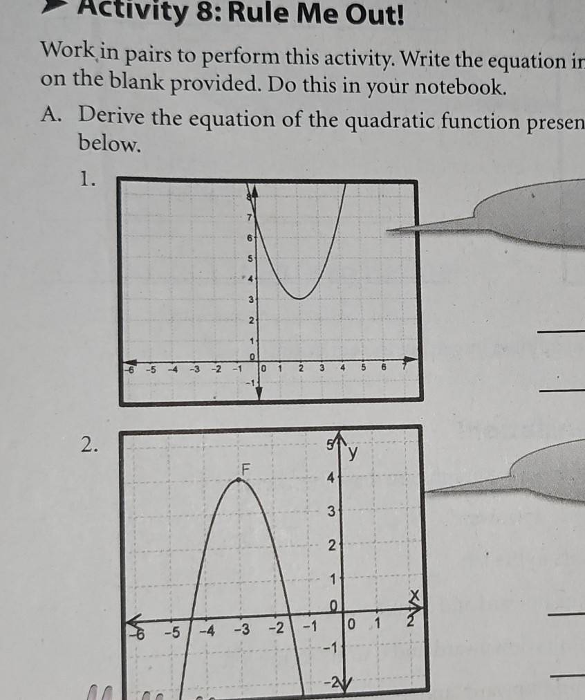 Activity 8: Rule Me Out! 
Work in pairs to perform this activity. Write the equation in 
on the blank provided. Do this in your notebook. 
A. Derive the equation of the quadratic function presen 
below. 
1. 
_ 
_ 
2. 
_ 
_