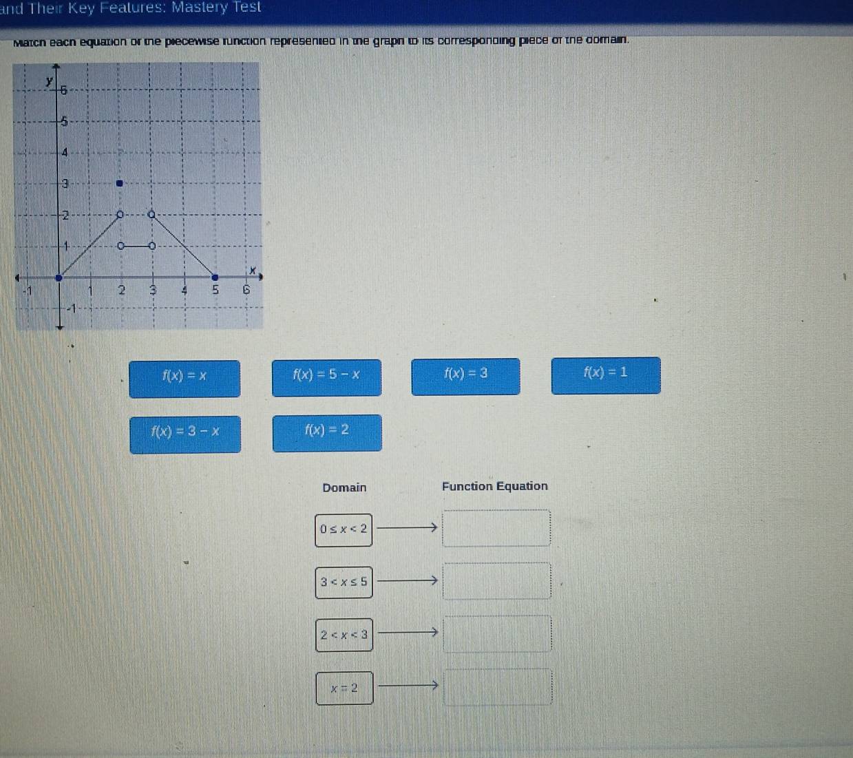 and Their Key Features: Mastery Test
Match each equation of the precewise runction represented in the graph to its corresponding piece of the domain.
f(x)=x
f(x)=5-x
f(x)=3
f(x)=1
f(x)=3-x
f(x)=2
Domain Function Equation
0≤ x<2</tex>
3
2
x=2