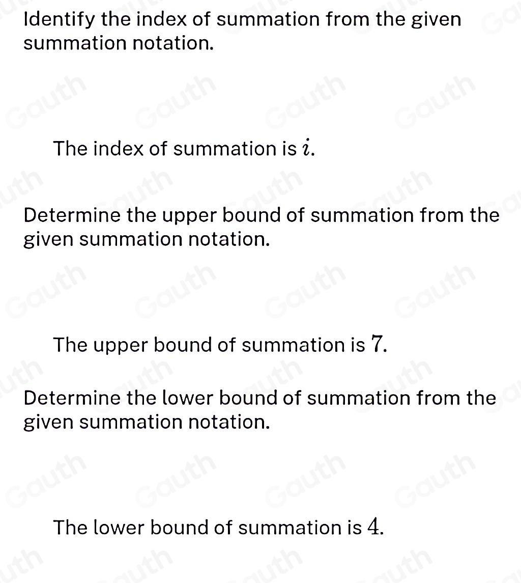 Solved: What are the index of summation, the upper bound of summation ...
