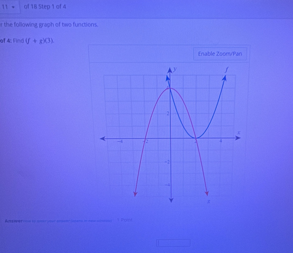 of 18 Step 1 of 4 
r the following graph of two functions. 
of 4: Find (f+g)(3). 
Enable Zoom/Pan 
AnswerHlow to enter your answer (opens in new window) 1 Point