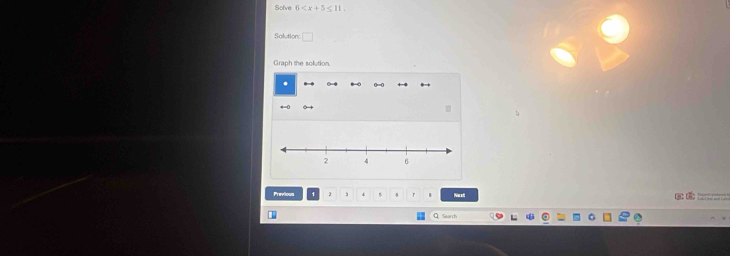 Solve 6 . 
□ 
Graph the solution. 
. 
Previous 2 7 Next bé 
Search