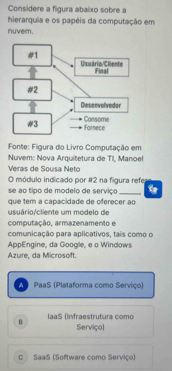 Considere a figura abaixo sobre a
hierarquia e os papéis da computação em
nuvem.
Fonte: Figura do Livro Computação em
Nuvem: Nova Arquitetura de TI, Manoel
Veras de Sousa Neto
O módulo indicado por #2 na figura refer
se ao tipo de modelo de serviço _1
que tem a capacidade de oferecer ao
usuário/cliente um modelo de
computação, armazenamento e
comunicação para aplicativos, tais como o
AppEngine, da Google, e o Windows
Azure, da Microsoft.
A PaaS (Plataforma como Serviço)
IaaS (Infraestrutura como
B
Serviço)
C SaaS (Software como Serviço)