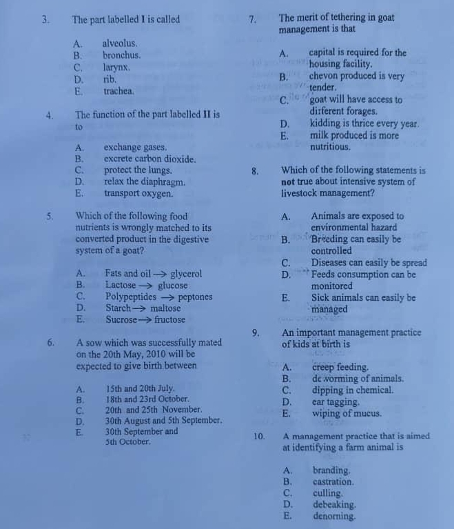 The part labelled I is called 7. The merit of tethering in goat
management is that
A. alveolus.
B. bronchus. A. capital is required for the
C. larynx. housing facility.
B.
D. rib. chevon produced is very
E. trachea. tender.
C. goat will have access to
dirferent forages.
4. The function of the part labelled II is kidding is thrice every year.
to
D.
E. milk produced is more
A. exchange gases. nutritious.
B. excrete carbon dioxide.
C. protect the lungs. 8. Which of the following statements is
D. relax the diaphragm. not true about intensive system of
E. transport oxygen. livestock management?
5. Which of the following food A. Animals are exposed to
nutrients is wrongly matched to its environmental hazard
converted product in the digestive B. Breeding can easily be
system of a goat? controlled
C. Diseases can easily be spread
A. Fats and oil→ glycerol D. ”” Feeds consumption can be
B. Lactose glucose monitored
C. Polypeptides → peptones E. Sick animals can easily be
D. Starch maltose managed
E. Sucrose— fructose
9. a An important management practice
6. A sow which was successfully mated of kids at birth is
on the 20th May, 2010 will be
expected to give birth between A. creep feeding.
B. de worming of animals.
A. 15th and 20th July. C. dipping in chemical.
B. 18th and 23rd October. D. ear tagging.
C. 20th and 25th November.
D. 30th August and 5th September. E. wiping of mucus.
E 30th September and 10. A management practice that is aimed
5th October.
at identifying a farm animal is
A. branding.
B. castration.
C. culling.
D. debeaking.
E. denorning.