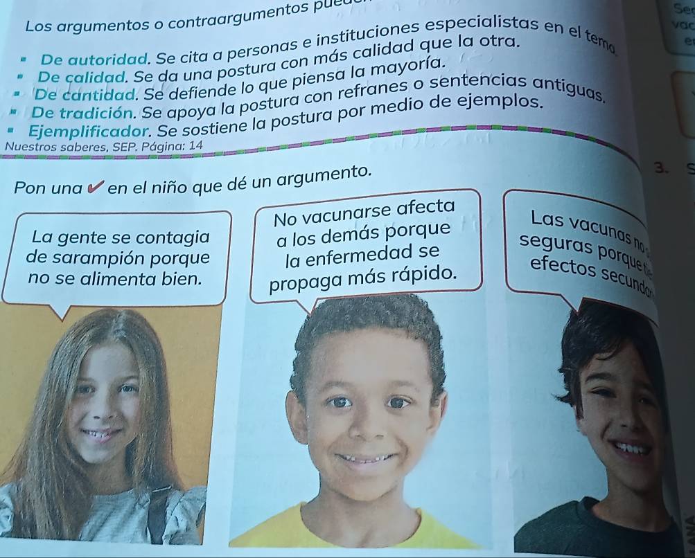 Los argumentos o contraargumentos pue d 
Se 
vac 
De autoridad. Se cita a personas e instituciones especialistas en el temo 
De calidad. Se da una postura con más calidad que la otra. 
e 
De cantidad. Se defiende lo que piensa la mayoría. 
De tradición. Se apoya la postura con refranes o sentencias antiguas, 
Ejemplificador. Se sostiene la postura por medio de ejemplos. 
Nuestros saberes, SEP. Página: 14 
Pon una ✔ en el niño que dé un argumento. 
3.S 
No vacunarse afecta 
Las vacunas n 
La gente se contagia a los demás porque 
de sarampión porque la enfermedad se 
se g ur s pqu 
no se alimenta bien. propaga más rápido. 
efectos secundo