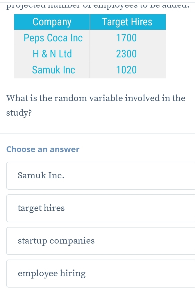 What is the random variable involved in the
study?
Choose an answer
Samuk Inc.
target hires
startup companies
employee hiring