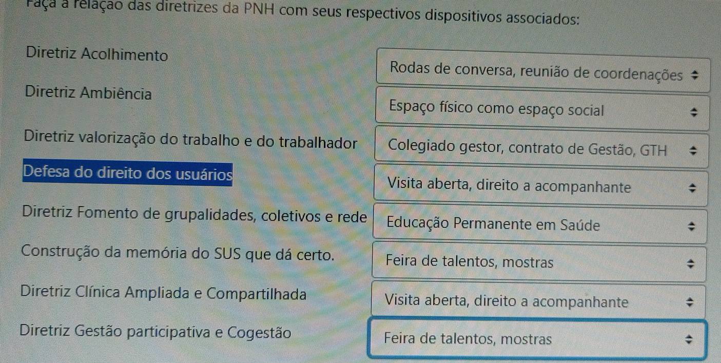 Faça a relação das diretrizes da PNH com seus respectivos dispositivos associados:
Diretriz Acolhimento Rodas de conversa, reunião de coordenações
Diretriz Ambiência
Espaço físico como espaço social
Diretriz valorização do trabalho e do trabalhador Colegiado gestor, contrato de Gestão, GTH
Defesa do direito dos usuários Visita aberta, direito a acompanhante
Diretriz Fomento de grupalidades, coletivos e rede Educação Permanente em Saúde
Construção da memória do SUS que dá certo. Feira de talentos, mostras
$
Diretriz Clínica Ampliada e Compartilhada Visita aberta, direito a acompanhante
Diretriz Gestão participativa e Cogestão Feira de talentos, mostras