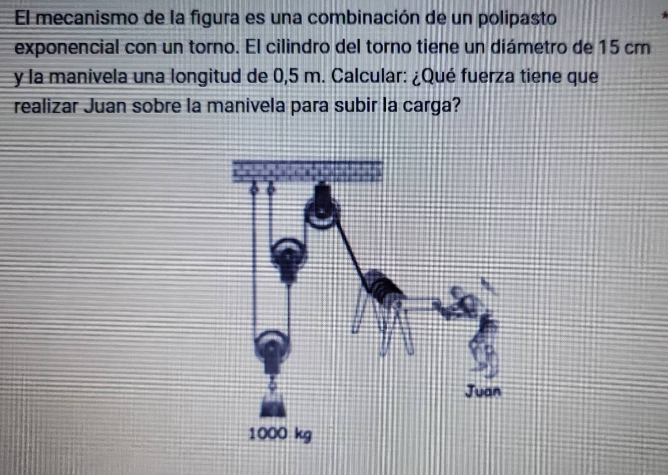 El mecanismo de la figura es una combinación de un polipasto 
4 
exponencial con un torno. El cilindro del torno tiene un diámetro de 15 cm
y la manivela una longitud de 0,5 m. Calcular: ¿Qué fuerza tiene que 
realizar Juan sobre la manivela para subir la carga?