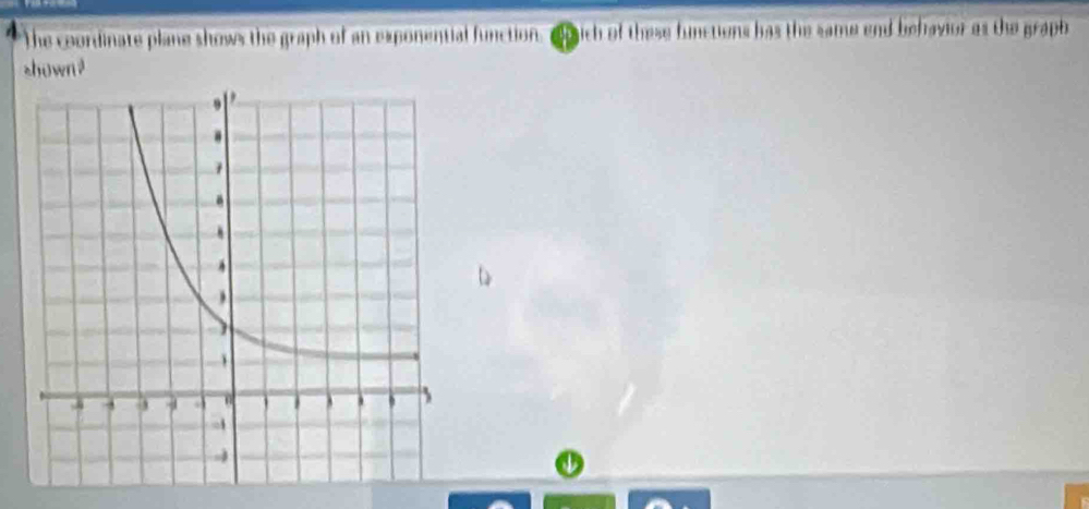 The coordinate plane shows the graph of an exponential function, a ich of these functions has the same end behavior as the grapb 
shown d