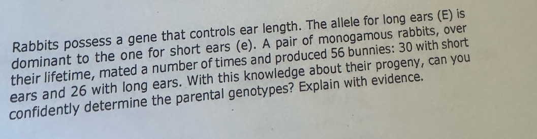 Rabbits possess a gene that controls ear length. The allele for long ears (E) is 
dominant to the one for short ears (e). A pair of monogamous rabbits, over 
their lifetime, mated a number of times and produced 56 bunnies: 30 with short 
ears and 26 with long ears. With this knowledge about their progeny, can you 
confidently determine the parental genotypes? Explain with evidence.