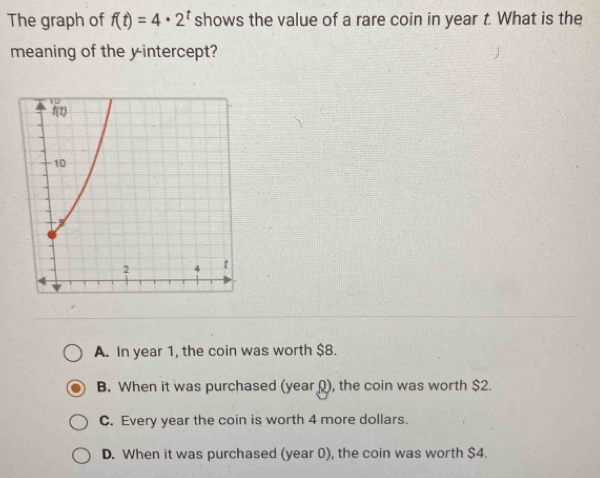 The graph of f(t)=4· 2^t shows the value of a rare coin in year t. What is the
meaning of the yintercept?
A. In year 1, the coin was worth $8.
B. When it was purchased (year Ω), the coin was worth $2.
C. Every year the coin is worth 4 more dollars.
D. When it was purchased (year 0), the coin was worth $4.