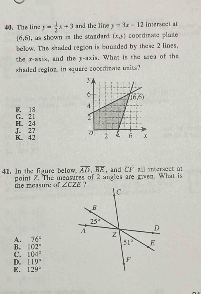Solved: The line y= 1/2 x+3 and the line y=3x-12 intersect at (6,6 ...