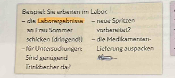 Beispiel: Sie arbeiten im Labor. 
- die Laborergebnisse - neue Spritzen 
an Frau Sommer vorbereitet? 
schicken (dringend!) - die Medikamenten- 
- für Untersuchungen: Lieferung auspacken 
Sind genügend 
Trinkbecher da?