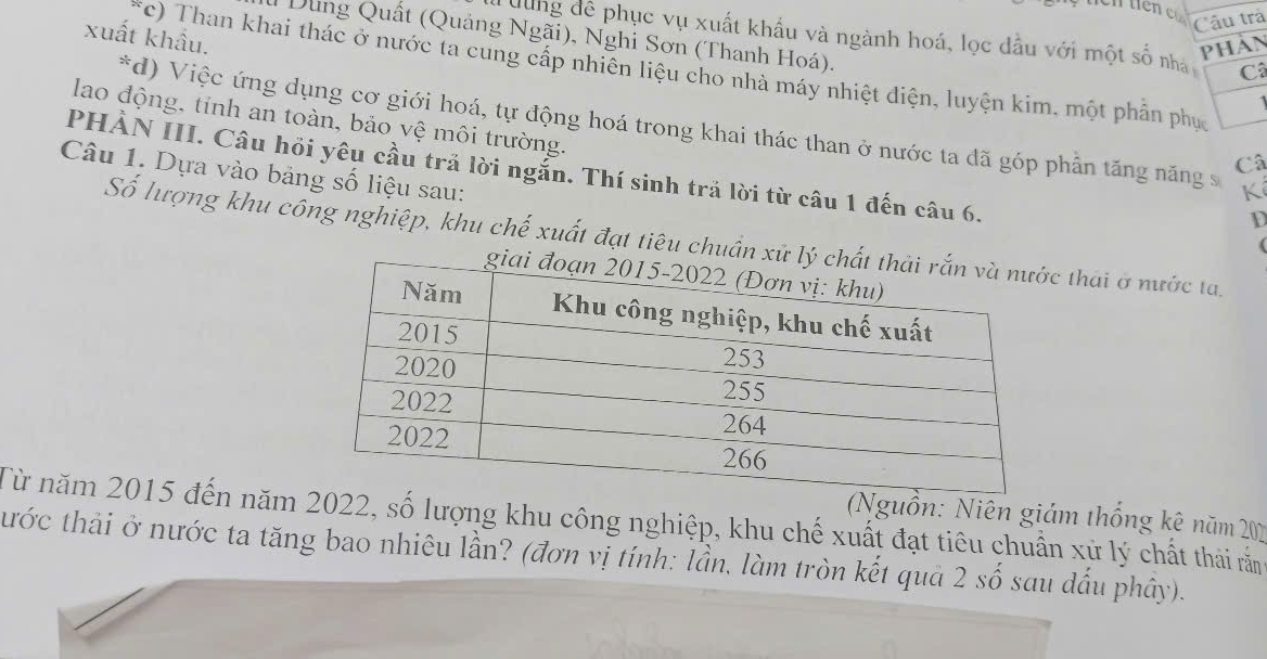 Câu trả
xuất khẩu.
Dung Quất (Quảng Ngãi), Nghi Sơn (Thanh Hoá).
dung đề phục vụ xuất khẩu và ngành hoá, lọc dầu với một số nhà Câ
Phan
c) Than khai thác ở nước ta cung cấp nhiên liệu cho nhà máy nhiệt điện, luyện kim, một phần phụ
lao động, tỉnh an toàn, bảo vệ môi trường.
*d) Việc ứng dụng cơ giới hoá, tự động hoá trong khai thác than ở nước ta đã góp phần tăng năng s K
Câ
Câu 1. Dựa vào bảng số liệu sau:
PHÀN III. Câu hồi yêu cầu trả lời ngắn. Thí sinh trả lời từ câu 1 đến câu 6. (
D
Số lượng khu công nghiệp, khu chế xuất đạt tiêu chuẩn x thái ở nước ta.
Từ năm 2015 đến năm022, số lượng khu công nghiệp, khu chế xuất đạt tiêu chuẩn xử lý chất thái rắm (Nguồn: Niên giám thống kê năm 207
tước thải ở nước ta tăng bao nhiêu lần? (đơn vị tính: lần, làm tròn kết quả 2 số sau dấu phây).