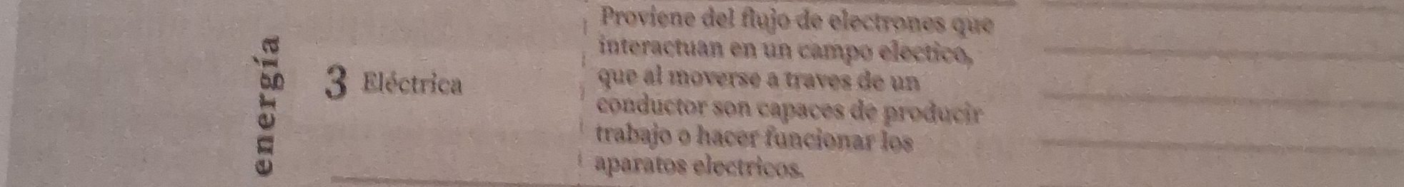 Proviene del flujo de electrones que 
_ 
5 
interactuan en un campó electico,_ 
3 Eléctrica 
_ 
que al moversé a traves de un 
conductor son capaces de producir 
trabajo o hacer funcionar los_ 
aparatos electricos.