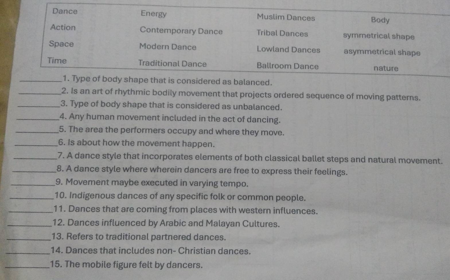 Dance Energy Muslim Dances Body
Action Contemporary Dance Tribal Dances symmetrical shape
Space Modern Dance Lowland Dances asymmetrical shape
Time Traditional Dance Ballroom Dance
nature
_1. Type of body shape that is considered as balanced.
_2. Is an art of rhythmic bodily movement that projects ordered sequence of moving patterns.
_3. Type of body shape that is considered as unbalanced.
_4. Any human movement included in the act of dancing.
_5. The area the performers occupy and where they move.
_6. Is about how the movement happen.
_7. A dance style that incorporates elements of both classical ballet steps and natural movement.
_8. A dance style where wherein dancers are free to express their feelings.
_9. Movement maybe executed in varying tempo.
_10. Indigenous dances of any specific folk or common people.
_11. Dances that are coming from places with western influences.
_12. Dances influenced by Arabic and Malayan Cultures.
_13. Refers to traditional partnered dances.
_14. Dances that includes non- Christian dances.
_15. The mobile figure felt by dancers.