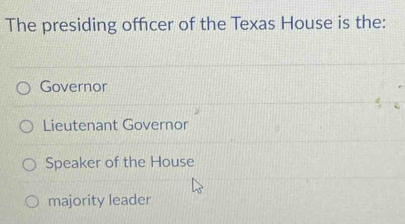 The presiding offcer of the Texas House is the:
Governor
Lieutenant Governor
Speaker of the House
majority leader