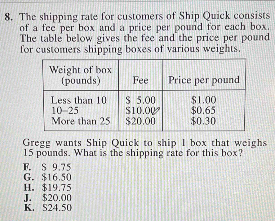 The shipping rate for customers of Ship Quick consists
of a fee per box and a price per pound for each box.
The table below gives the fee and the price per pound
for customers shipping boxes of various weights.
Gregg wants Ship Quick to ship 1 box that weighs
15 pounds. What is the shipping rate for this box?
F. $ 9.75
G. $16.50
H. $19.75
J. $20.00
K. $24.50