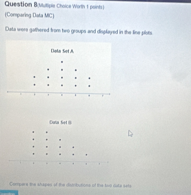 Question 8(Multiple Choice Worth 1 points) 
(Comparing Data MC) 
Data were gathered from two groups and displayed in the line plots. 
Compare the shapes of the distributions of the two data sets