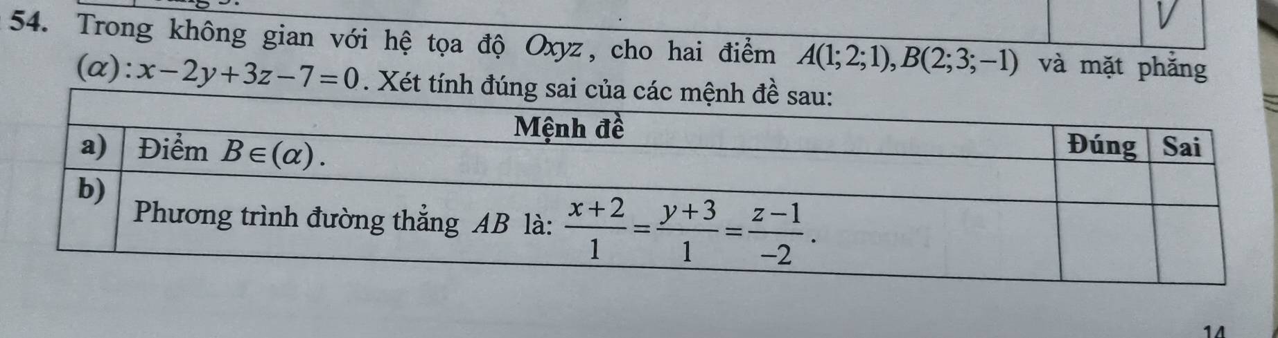 Trong không gian với hệ tọa độ Oxyz, cho hai điểm A(1;2;1),B(2;3;-1) và mặt phắng
(α): x-2y+3z-7=0. Xét tính
14