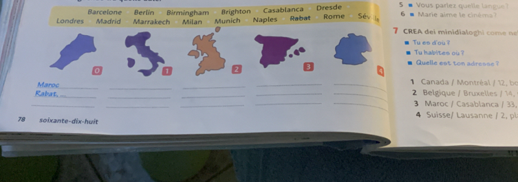5 ● Vous parlez quelle langue?
Barcelone Berlin Birmingham 6 ■ Marie aime le cinéma?
Londres Madrid Marrakech Milan Munich Brighton Naples Casablanca Rabat Dresde Rome Sév
REA dei minidialoghi come ne
Tu es d'ou ?
Tu habites ou?
Quelle est ton adresse ?
Maroc_
_
_
_
1 Canada / Montréal / 12, bo
Rabat, ..._ ____2 Belgique / Bruxelles / 14,
_
_
_
_
_3 Maroc / Casablanca / 33,
4 Suisse/ Lausanne / 2, pl
78 soixante-dix-huit
