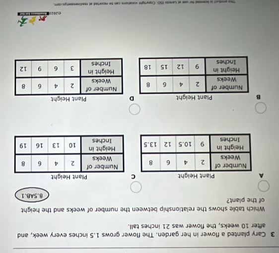 Cary planted a flower in her garden. The flower grows 1.5 inches every week, and
after 10 weeks, the flower was 21 inches tall.
Which table shows the relationship between the number of weeks and the height
of the plant? 8.5AB.1
A Plant Height C
B Plant Height D Plant Height
©2023
or use at Laredo ISD. Copyright violations can be reported at readinesssetgo.com.