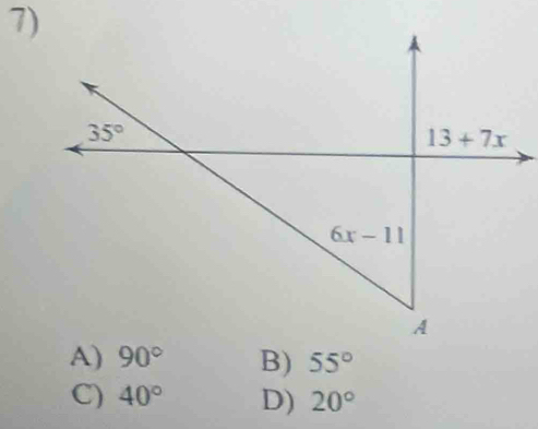 90° B) 55°
C) 40° D) 20°