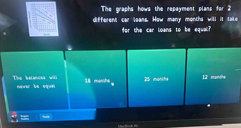 The graphs hows the repayment plans for 2
different car loans. How many months will it take
for the car loans to be equal?
The balances will 12 months
18 months 25 months
never be equal
on Tools
MacBook Air