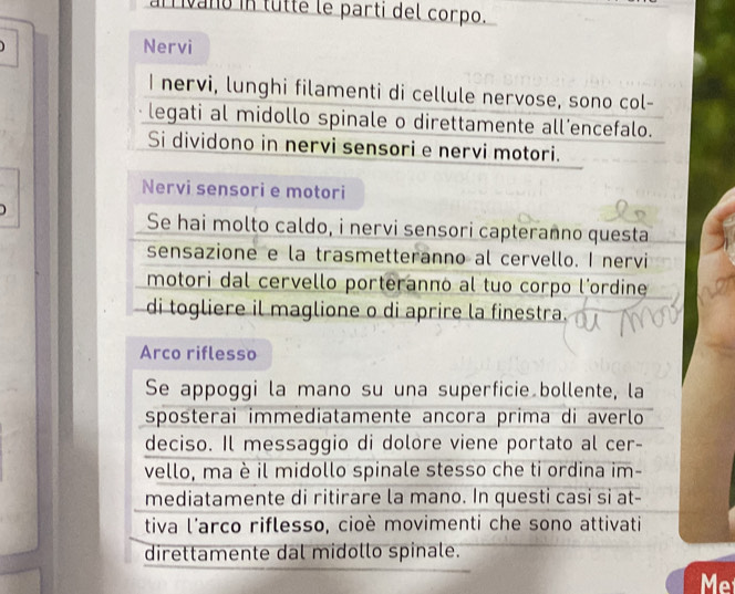 arrivanó in tutte le partí del corpo. 
Nervi 
I nervi, lunghi filamenti di cellule nervose, sono col- 
legati al midollo spinale o direttamente all’encefalo. 
Si dividono in nervi sensori e nervi motori. 
Nervi sensori e motori 
Se hai molto caldo, i nervi sensori capteranno questa 
sensazione e la trasmetteranno al cervello. I nervi 
motori dal cervello porteranno al tuo corpo l'ordine 
di togliere il maglione o di aprire la finestra. 
Arco riflesso 
Se appoggi la mano su una superficie bollente, la 
sposterai immediatamente ancora prima di averlo 
deciso. Il messaggio di dolore viene portato al cer- 
vello, ma è il midollo spinale stesso che ti ordina im- 
mediatamente di ritirare la mano. In questi casi si at- 
tiva l'arco riflesso, cioè movimenti che sono attivati 
direttamente dal midollo spinale. 
Me