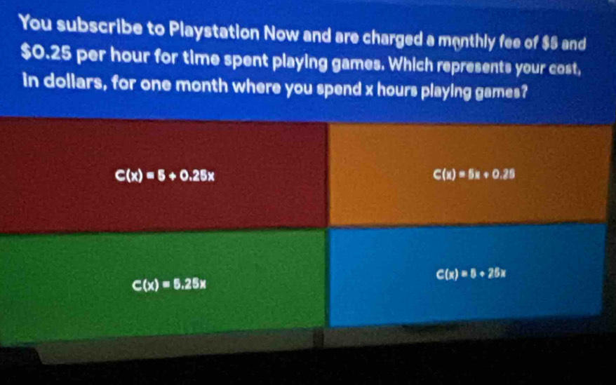 You subscribe to Playstation Now and are charged a monthly fee of $5 and
$0.25 per hour for time spent playing games. Which represents your cost,
in dollars, for one month where you spend x hours playing games?