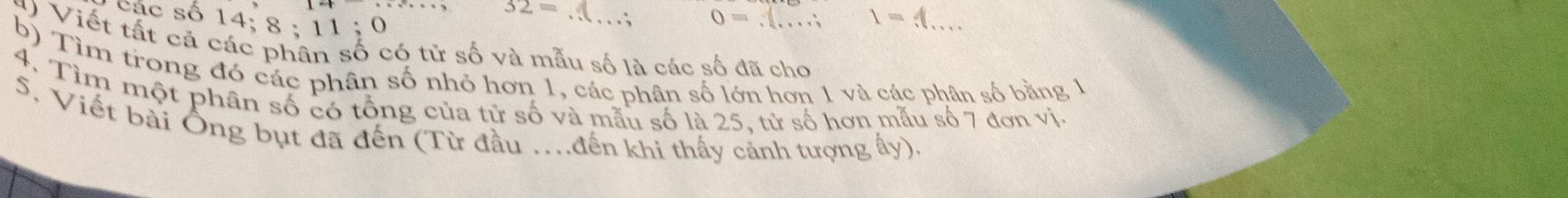 Các số 14: 8; 11; 0
32=()
0=...; 1=(,... 
*) Viết tất cả các phân số có tử số và mẫu số là các số đã cho 
b) Tìm trong đó các phân số nhỏ hơn 1, các phân số lớn hơn 1 và các phân số bằng 1
4. Tìm một phân số có tổng của tử số và mẫu số là 25, tử số hơn mẫu số 7 đơn vi. 
5. Viết bài Ông bụt đã đến (Từ đầu .đến khi thấy cảnh tượng ấy).