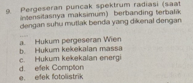 Pergeseran puncak spektrum radiasi (saat
intensitasnya maksimum) berbanding terbalik
dengan suhu mutlak benda yang dikenal dengan
. . .
a. Hukum pergeseran Wien
b. Hukum kekekalan massa
c. Hukum kekekalan energi
d. efek Compton
e. efek fotolistrik