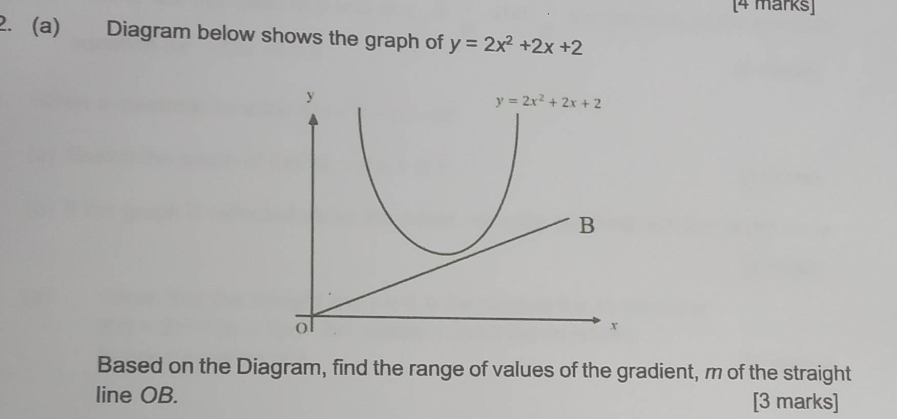 Diagram below shows the graph of y=2x^2+2x+2
y
y=2x^2+2x+2
B
o
x
Based on the Diagram, find the range of values of the gradient, m of the straight
line OB. [3 marks]