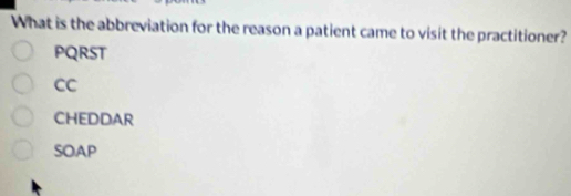 What is the abbreviation for the reason a patient came to visit the practitioner?
PQRST
CC
CHEDDAR
SOAP