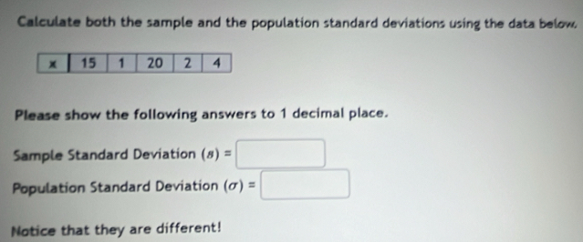 Calculate both the sample and the population standard deviations using the data below. 
Please show the following answers to 1 decimal place. 
Sample Standard Deviation (s)=□
Population Standard Deviation (sigma )=□
Notice that they are different!