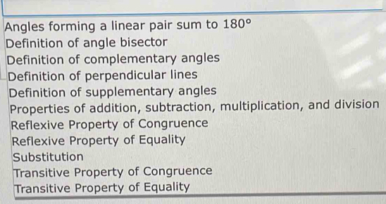 Angles forming a linear pair sum to 180°
Definition of angle bisector
Definition of complementary angles
Definition of perpendicular lines
Definition of supplementary angles
Properties of addition, subtraction, multiplication, and division
Reflexive Property of Congruence
Reflexive Property of Equality
Substitution
Transitive Property of Congruence
Transitive Property of Equality