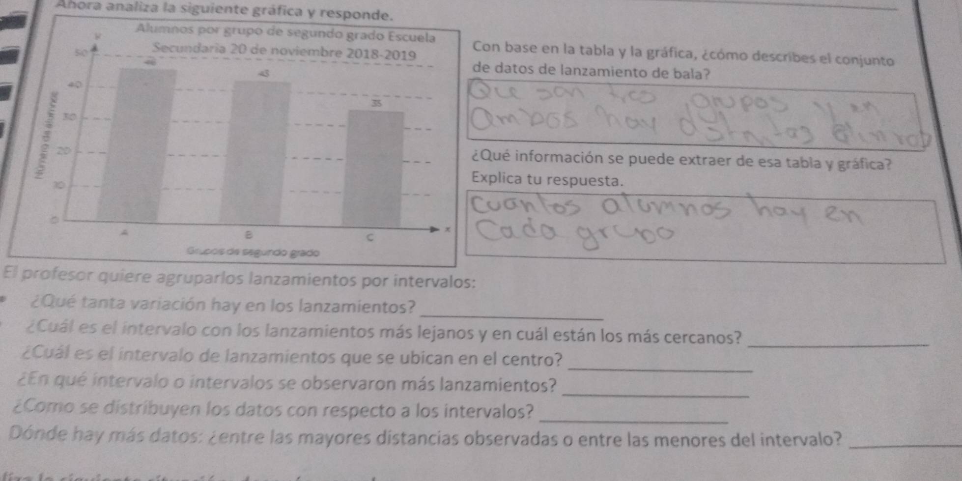 Anora analiza la siguiente gráfica y responde. 
Con base en la tabla y la gráfica, ¿cómo describes el conjunto 
e datos de lanzamiento de bala? 
¿Qué información se puede extraer de esa tabla y gráfica? 
xplica tu respuesta. 
El profesor quiere agruparlos lanzamientos por intervalos: 
_ 
¿Qué tanta variación hay en los lanzamientos? 
¿Cuál es el intervalo con los lanzamientos más lejanos y en cuál están los más cercanos?_ 
¿Cuál es el intervalo de lanzamientos que se ubican en el centro?_ 
_ 
¿En qué intervalo o intervalos se observaron más lanzamientos? 
¿Como se distribuyen los datos con respecto a los intervalos?_ 
Dónde hay más datos: ¿entre las mayores distancias observadas o entre las menores del intervalo?_