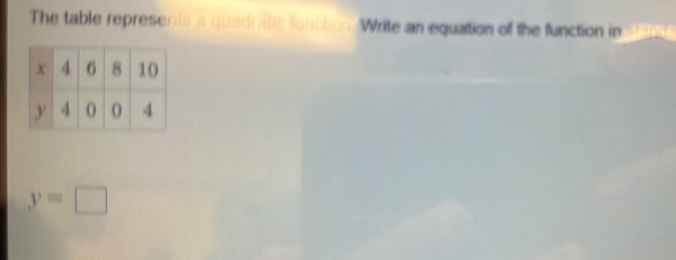 The table represents a quadratic function: Write an equation of the function in stane
y=□